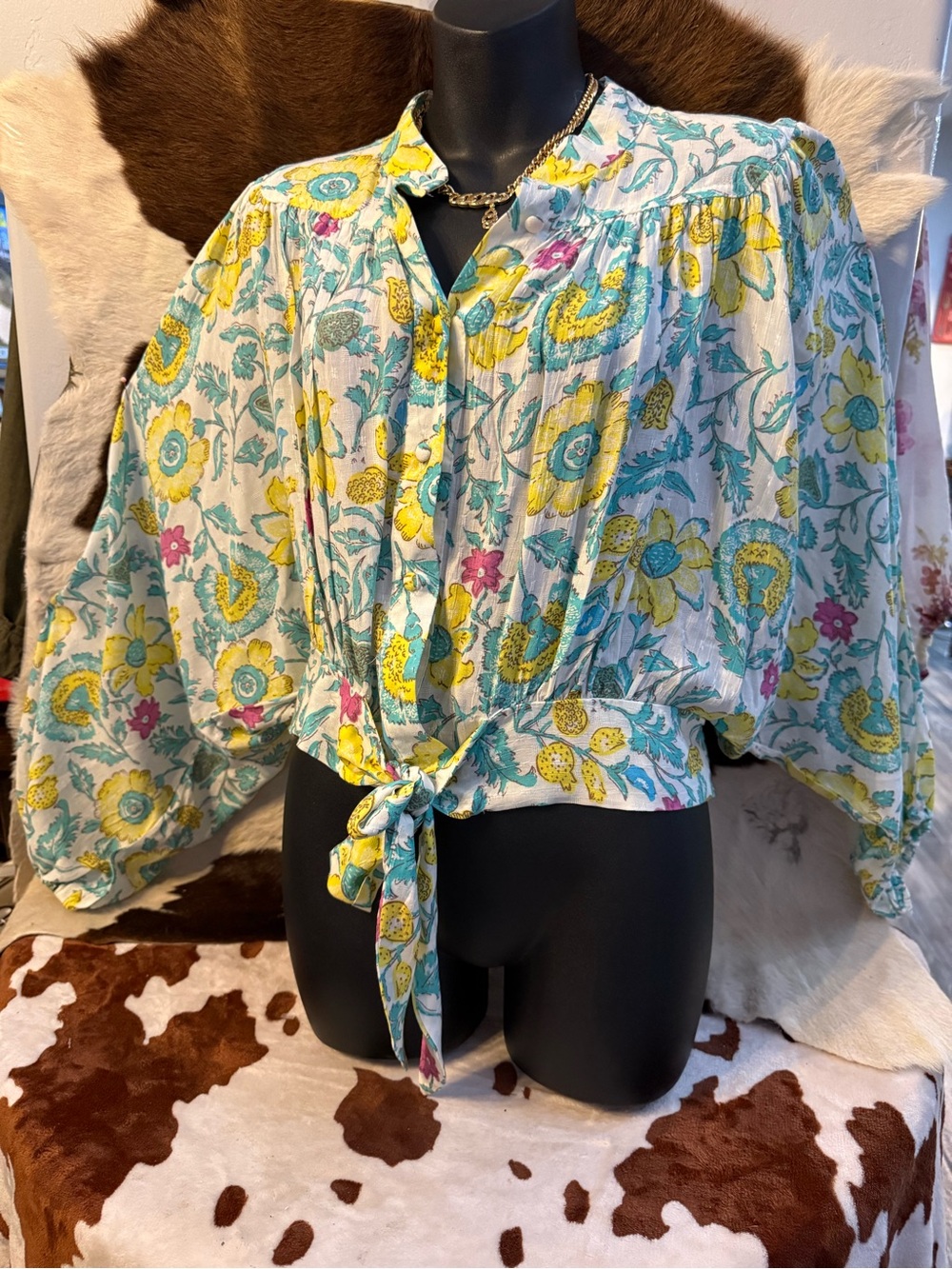 RACHEL Rachel Roy Yellow, Teal & Pink Floral Tie-Front Blouse